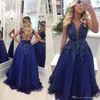 Royal Blue Lace A Line Prom Jurken Tule Kant Applique Beaded Through Back Floor Lengte Lange Formele Avondjurken Robe de Mariee