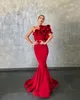 Elie Saab 2020 Şık Kırmızı Mermaid Abiye Çiçek Ruffles Örgün Parti Abiye Giyim Pist Moda Balo Giyim