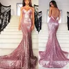 Billiga Enkel Sparkly Sequined Pink Mermaid Prom Dresses Spaghetti Straps Court Train Afton Dress Party Gowns Wear Ogstuff Vestidos Custom