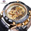 ForSining Golden Skeleton Clock MANA MÄNS Automatisk självvind handledsklockor Top Brand Luxury Luminous Hands Black Band274G