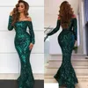 Mermaid Hunter Green Prom Dresses Off the Shoulder Long Sleeve Evening Gowns Beaded Sequins Lace Vestidos De Fiesta Formal Party Dress