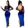 Kvinnor Mesh Split Dress Club bär långärmad Sheer Kjol Velor One-Piece Dress Fashion Solid Color Kjol Plus Size Package Hip Skirt 2406