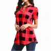 Buffalo Checktröjor Plaid V-Neck T-shirts Kvinnor Kortärmad Toppar Grid Casual Pullover T-shirt Girls Plus Storlek Tees Blouses Blusas C7309