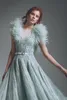 Luxury Alfazairy A line Evening Dress With Feathers Sheer Bateau Neck prom dresses long crystal special occasion Quinceanera dresses custom