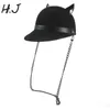 Schwarzer Fedora-Hut für Damen aus 100 % Wolle mit Kette, Lady Devil Horns, süße Katzenohren, Tier-Bowler, schöne Baseballkappe