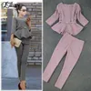 New 2018 Spring Autumn Fashion Women's Business Pants Suits Houndstooth Checker Pattern Ruffles Suits For Women 2 Pieces Set