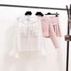 ツーピースドレス新しい秋のファッションレディーススーツエレガントなフリル白いブラウス +ビーズショートジャケットツイードミニスカート女性3 PCSセット