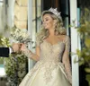 Luxury Arabic Dubai Wedding Dresses Sheer Neck Long Sleeve Cathedral Train Crystal Beads Chapel Bridal Gowns vestidos de novia Plus Size