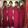 Mermaid Red Halter Bridesmaid Dresses Plus Size Beaded Lace Applique Ribbon Floor Length Maid Of Honor Gown Country Wedding Guest Wear