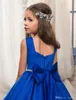 Lange koninklijke blauwe kant vintage bruiloft bloem meisje jurken met boog sjerp elegante kinderen communie avondjurken voor kinderen kleine meisjes