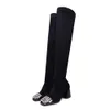 Hot Sale-Over The Knee High Boots Elastic Flock Chunky Heel Women Boots Black Square Toe With Rhinestone Girl Qu01 Muyisexi