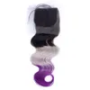 Cheveux Humains Malaisiens # 1B Gris Violet Ombre Corps Vague 3Bundles avec Fermeture Racines Noires Gris Violet 3Tone Ombre Bundles avec 4x4 Dentelle Fermeture