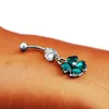 Sexig Wasit Belly Dance Crystal Body Jewelry Stainless Steel Navel Bell Button Piercing Dingle Rings for Women Green Four Flower
