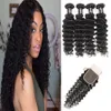 Malaysian Deep Curly Human Hair Bundles With Closure Peruvian Hair 4Bundles with 4*4 Lace Closure Body Wave Deep Loose Wave Hair Extensions