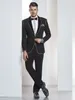 Yüksek Kalite Siyah Düğün Smokin Çentikli Yaka Slim Fit Bir Düğme Damat Örgün Parti Balo Erkekler Takım Elbise Blazer (Ceket + Pantolon) Wear