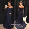 Navy Mermaid Avondjurken met Kant Applicaties Lange Mouwen Prom Toga's Off The Shoulder Sweep Train Formal Dress Ed1165