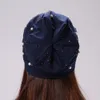 Gorro de lana para mujer, gorro informal de poliéster con perlas brillantes y diamantes de imitación, gorros holgados para mujer, gorro de calavera, gorro para mujer