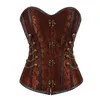 Damen Vintage Steampunk Gothic PU-Ledereinsätze Jacquard Vollbrustkorsett Top mit Ketten und Knöpfen Akzent S-6XL Plus Size Braun Schwarz