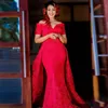 Party Train Dubai Árabe Red Plus Size Mermaid Vestidos Alças completa Lace Prom Dress manga curta Varrer Vestido vestido de festa