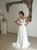 2019 Novo Verão Bohemian Chiffon Vestidos de Casamento Baratos Sheer Tripulação Pescoço Rendas Apliques Alta Spplit Oco de Volta Boho Praia Longos Vestidos de Noiva