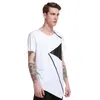 Hip Hop Men Leather Patchwork Zipper T Shirt Irregular Leather Patch Neck Zipper T-shirt Streetwear Men Clothes