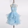 Col haut bleu clair robes de bal courtes pas cher 2019 volants perles cristal robe de retour Graduation bal 5e année robes de soirée