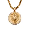 Lion Head Round Pendants Necklace Men's Hip Hop 316L Stainless Steel Cubic Zirconia Setting 18K Gold Plated Rap Jewelry