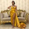 Sexy goedkope eenvoudige gele lieverd zeemeermin galajurken hoge split avondkleding galajurk formele jurken gewaad vestito Lungo