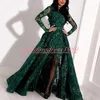 Elegância Dividir Rendas Lantejoulas Vestidos de Noite Árabe Ilusão Manga Comprida Sheer Vestidos De Festa Pageant Formal Convidado Vestidos de Festa Longa Prom