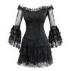 Dames Dark Sweet Gothic Punk Floral Lace and Mesh Flare Three Quarter Sleeves Off-Shoulder Mini Dress Black S-XXL