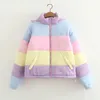 Fashion-Rainbow Colorful Cotton Padded Parkas Women Autumn Winter Detachable Hat Coat Macaron Pastel Panel Puffer Jacket CoatsMX190822