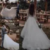 Новейшие 3 -й цветочный аппликация платья на линии длинные иллюзионные рукава Tulle Chapel Train Made Boho свадебные свадебные платья 403