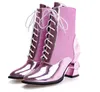 Designer-d hiver femmes chaussures talons hauts uniques bout pointu bottines à lacets or et ruban bottillons NMM8