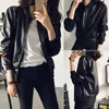 2019 mode veste en cuir PU à manches longues col en v manteau femmes mince noir vestes à glissière