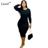 LIOOIL SEXY BODYCON MIDI DRESS Women Fall Winter 2019 Streetwear Långärmad O Neck Black Night Club Party Tight Monterade Klänningar