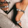 Aneikeh 2020 PVC Fashion Shoes Woman Sandals Beads Rhinestone Sequins pointed end Peep Toe Party Thin High Heels Sandals Ladies MX200407