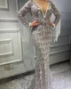 Sequins Mermaid Evening Dresses Crystal V Neck Långärmad Promoklök med Tassels Luxury Sequins Sweep Train Formell Party Dress