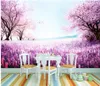 居間のためのモダンな壁紙紫のロマンチックな桜の木の小さな新鮮な風景壁画