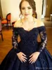 2020 Navy Blue Quinceanera Dresses Ball Gown Off Shoulder 3D Flower Lace Appliques Beaded Sweep Train Satin Corset Prom Evening Go223x