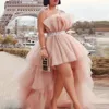 High Low Party Dresses With Sash Strapless Dusty Pink Tulle Puffy Cocktail Dress Tiered Custom Made Chic Prom Dress For PoShoot212A