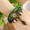 Fashion Weave Rope Leather Wristwatch charm Bracelet Retro Vintage mix leaf butterfly owl wing heart Pendant Wrap Quartz Women watch