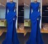 Nieuwe Collectie Royal Blue Prom Dresses Lange Mouw Jewel Hoge Zij Split Lange Formele Jurk Evening Draag jurken Gewaden De Soirée Abiti da Sera