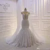 Real Image Mermaid Lace Bröllopsklänningar med avtagbar sjal Sheer Back Beaded Appliques Bride Wedding Gowns Luxury