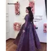 Saudi Arabic Purple 3D Flower Evening Dresses With Full Sleeves Lace Floral Prom Gowns Ankle Length Party Dress Vestidos