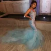 Sexy African Sky Blue Mermaid Prom Party Dresses 2022 Deep V-Neck Long Train Puffy Appliques Black Girls Special Occasion Evening Gowns