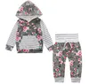 소년 스트라이프 카모 의류 어린이 디자이너 의류 아기 긴 소매 꽃 운동복 세트 유아 소녀 후드 바지 코트 의상 C6221을 설정합니다