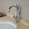 Chrome Finish Swan Form Högkvalitativ Basin Sink Kran Dual Handtag Ett hål Däckmonterad Mixer Kranar
