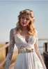 Vintage mousseline de soie manches longues plage dentelle robes de mariée 2019 nouveauté col en V manches longues robes de mariée une ligne robe de mariée