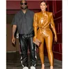 Aftonklänning yousef aljasmi kvinnor kim kardashian brown 3 pieces kostym läderkläder päls kostym koordinater hög nacke lång ärm