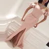 Cheap Pink Mermaid Off The Shoulder Floor Length Prom Gown 2019 Simple Long Front Split Bubble Sleeves Evening Dress Custom Made